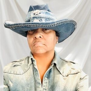 Custom Made Stylish Denim Cowboy Hat with Rhinestone Accents